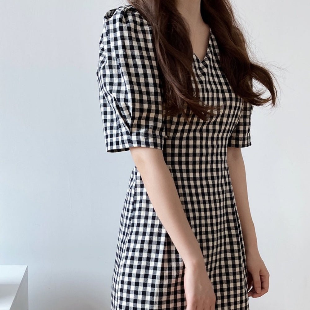パフスリーブチェック柄ワンピース｜オフィスカジュアル レディース