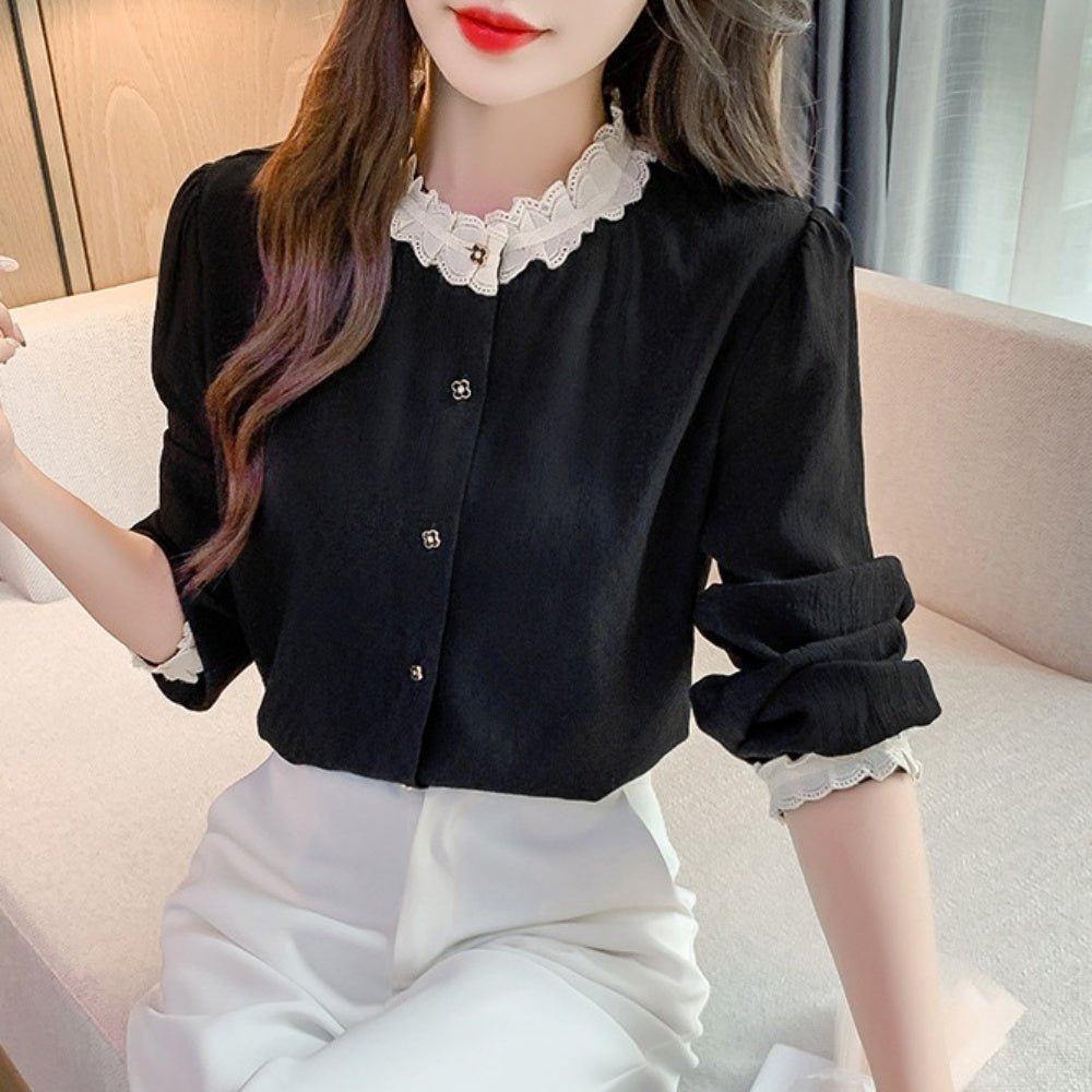 配色フリルトリムノーカラーブラウス｜オフィスカジュアル レディース 通販【ミレジェネ】