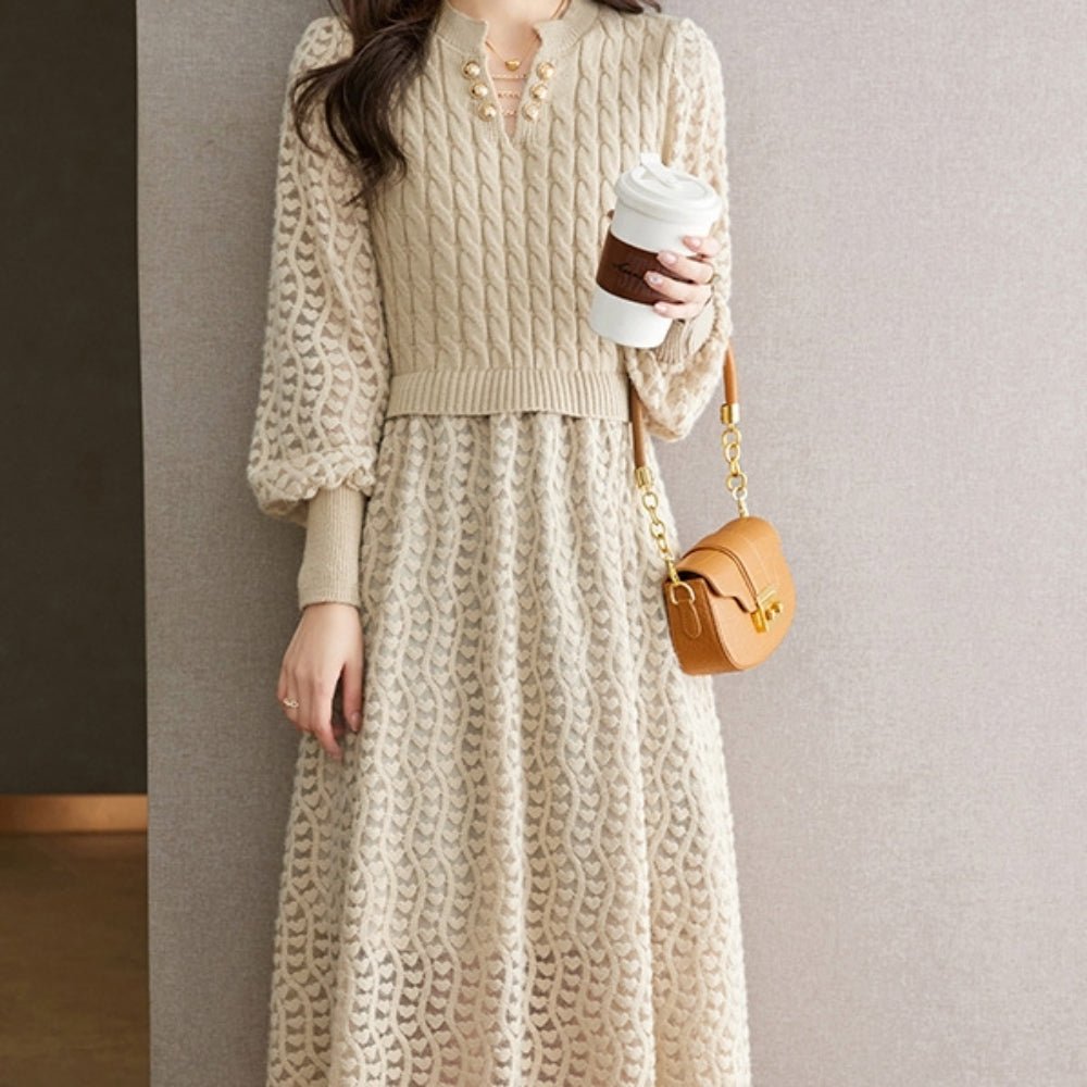 ランタンスリーブシースルー編みニットワンピース｜オフィスカジュアル レディース 通販【ミレジェネ】