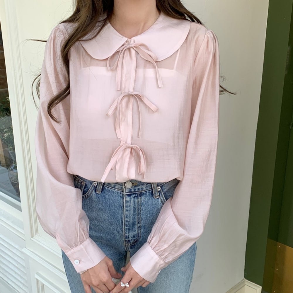 フラットカラーナローリボンシアーブラウス｜オフィスカジュアル レディース 通販【ミレジェネ】