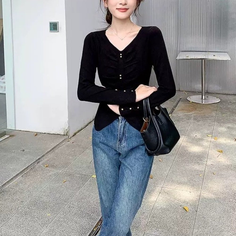 ゴールドボタンハートネックニットトップス｜オフィスカジュアル レディース 通販【ミレジェネ】