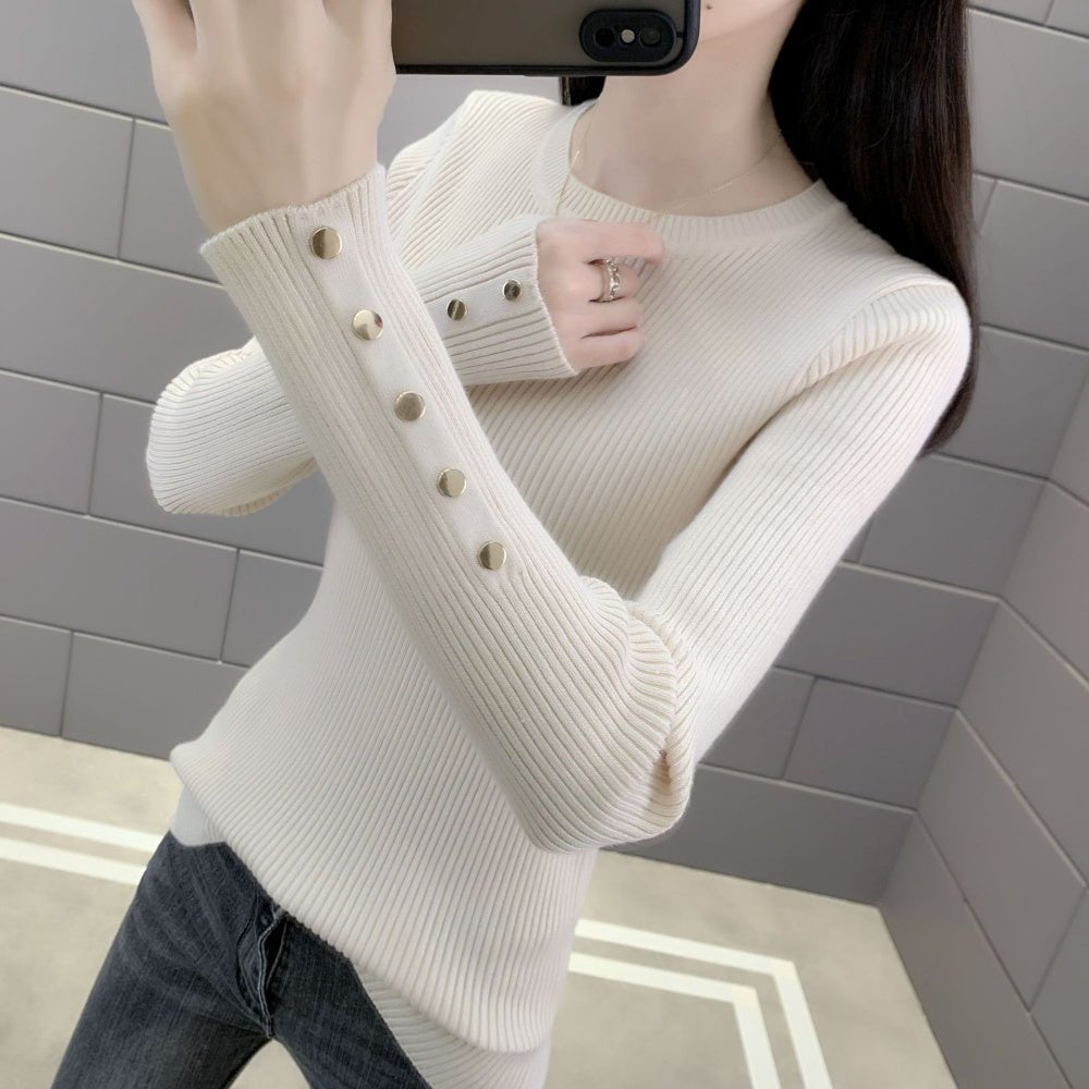 金ボタンクルーネックリブニット｜オフィスカジュアル レディース 通販【ミレジェネ】