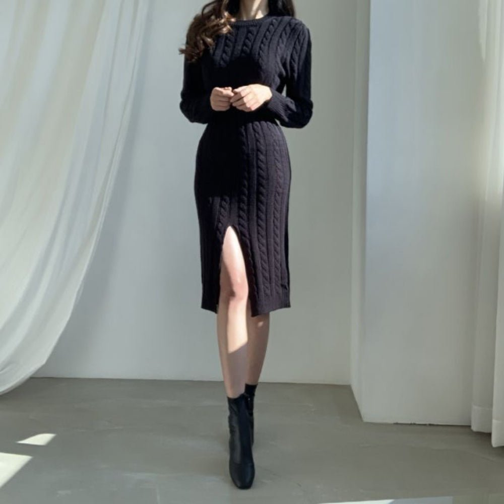 スリット入りケーブルニットワンピース｜オフィスカジュアル レディース 通販【ミレジェネ】