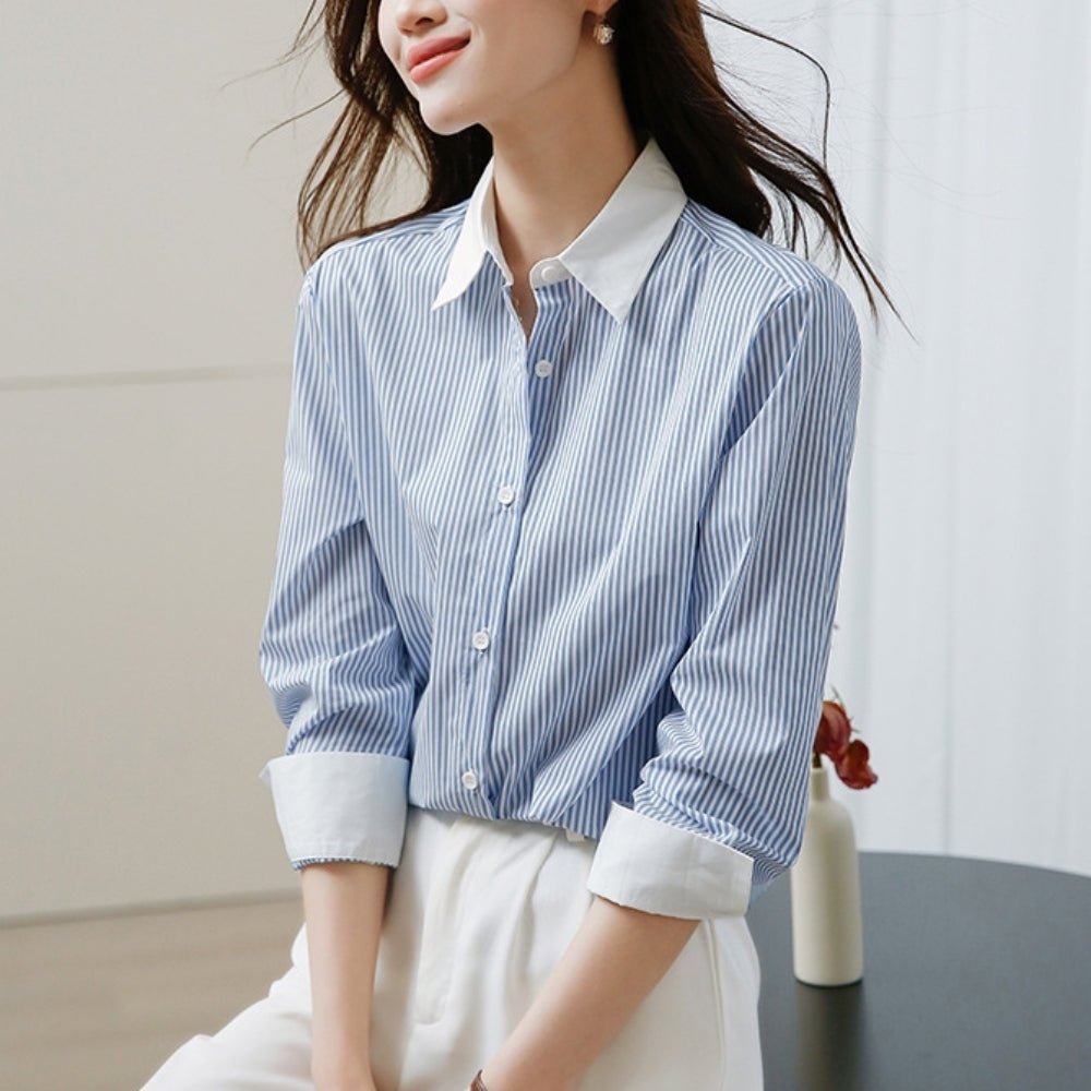 【通勤/きれいめ】ストライプ柄クレリックシャツ[ミレジェネ]｜オフィスカジュアル レディース 通販【ミレジェネ】