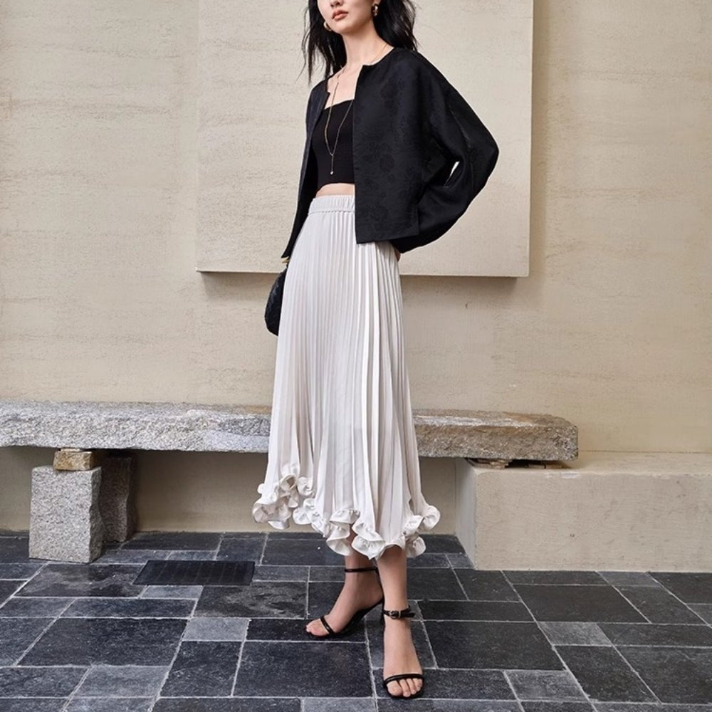 裾フリルサテンプリーツスカート｜オフィスカジュアル レディース 通販【ミレジェネ】