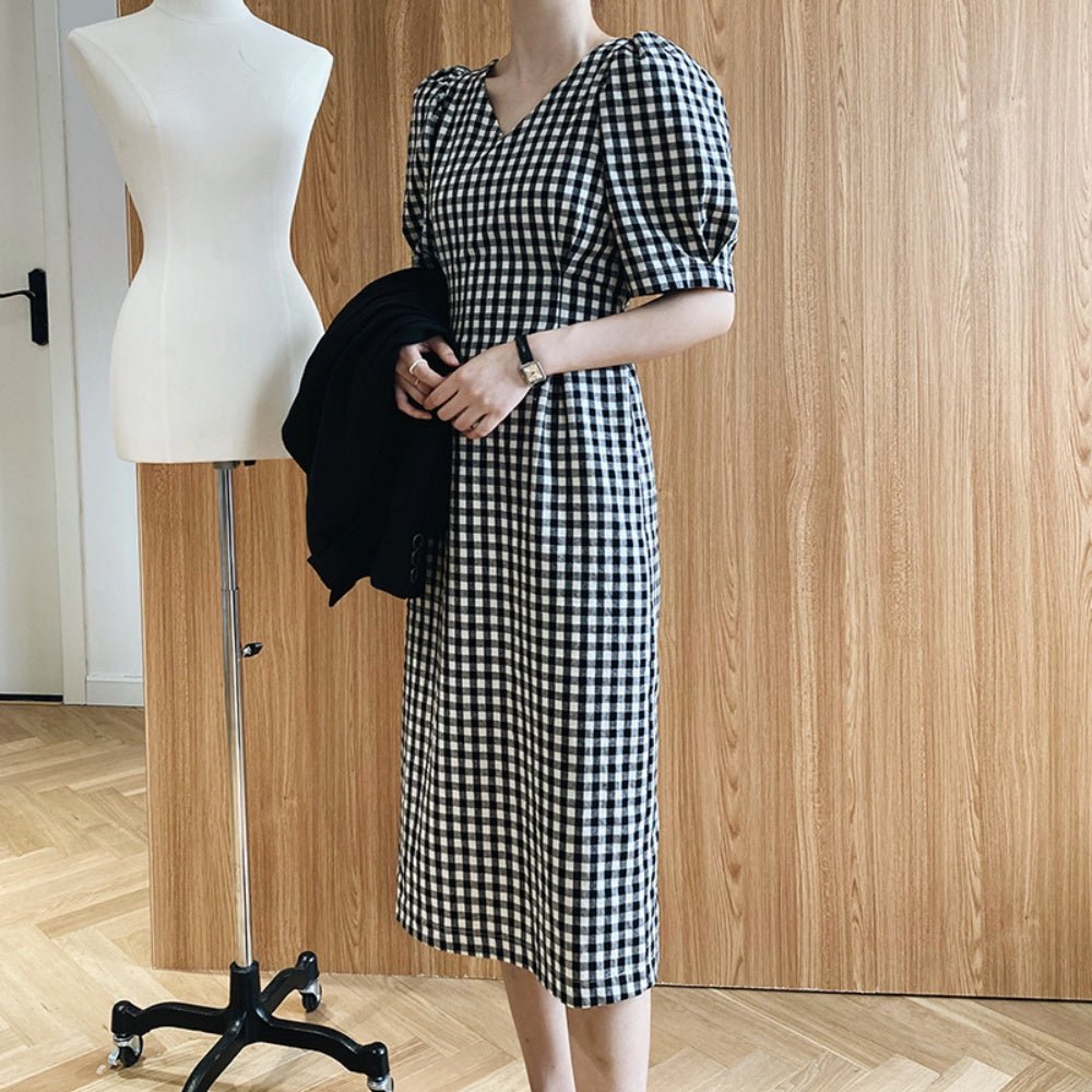 パフスリーブチェック柄ワンピース｜オフィスカジュアル レディース