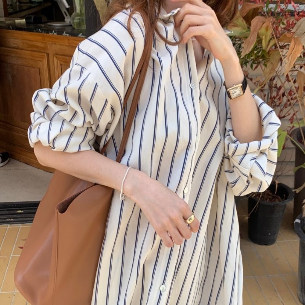 【骨格ナチュラルさんにおすすめ】ストライプロングシャツワンピース [ミレジェネ]｜オフィスカジュアル レディース 通販【ミレジェネ】