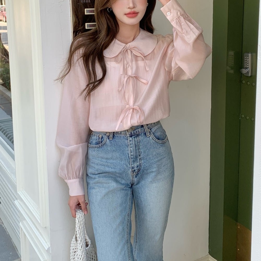 フラットカラーナローリボンシアーブラウス｜オフィスカジュアル レディース 通販【ミレジェネ】