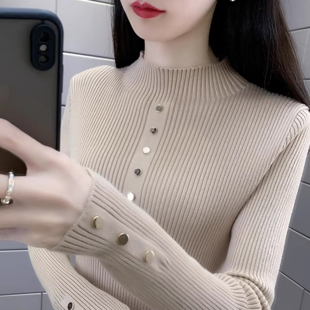 金ボタンデザインハイネックリブニット｜オフィスカジュアル レディース 通販【ミレジェネ】