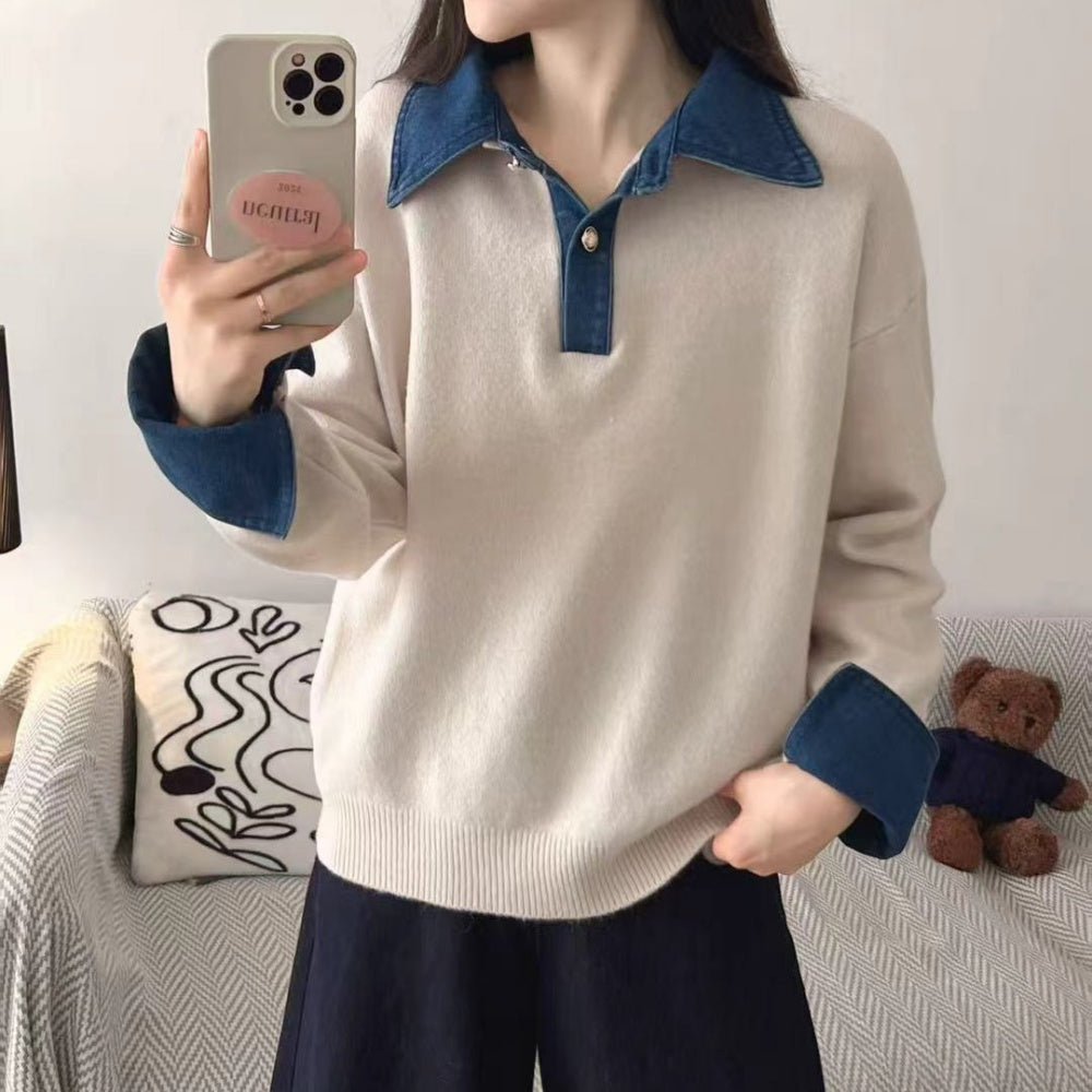 襟袖デニムフェイクレイヤードニット｜オフィスカジュアル レディース 通販【ミレジェネ】