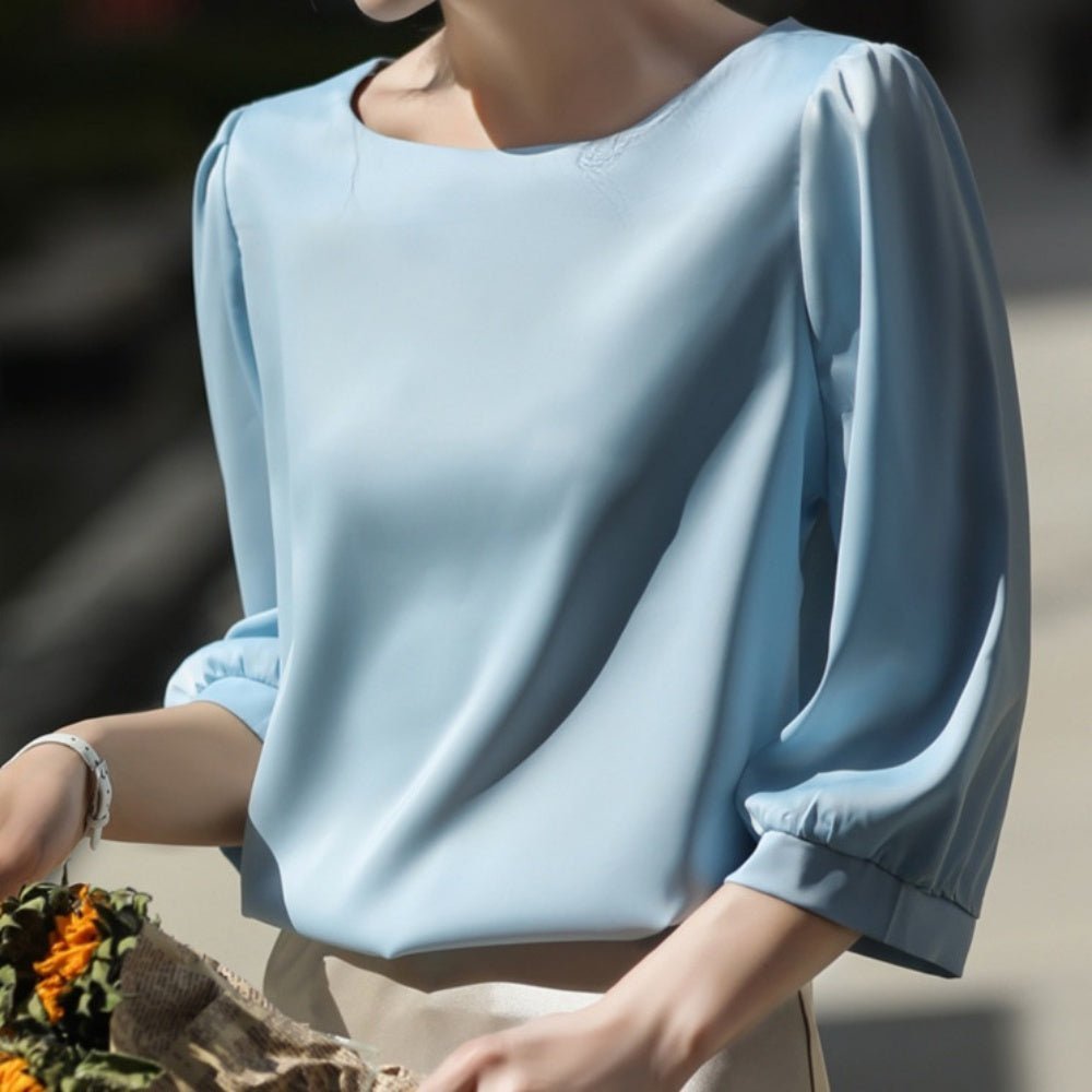 ボートネックパフスリーブ七分袖ブラウス｜オフィスカジュアル