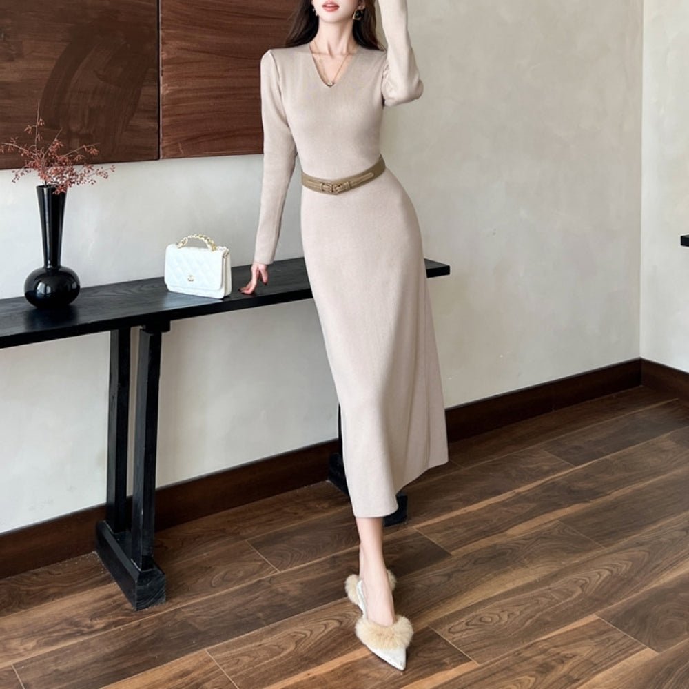 Vネックロングニットワンピース｜オフィスカジュアル レディース 通販【ミレジェネ】
