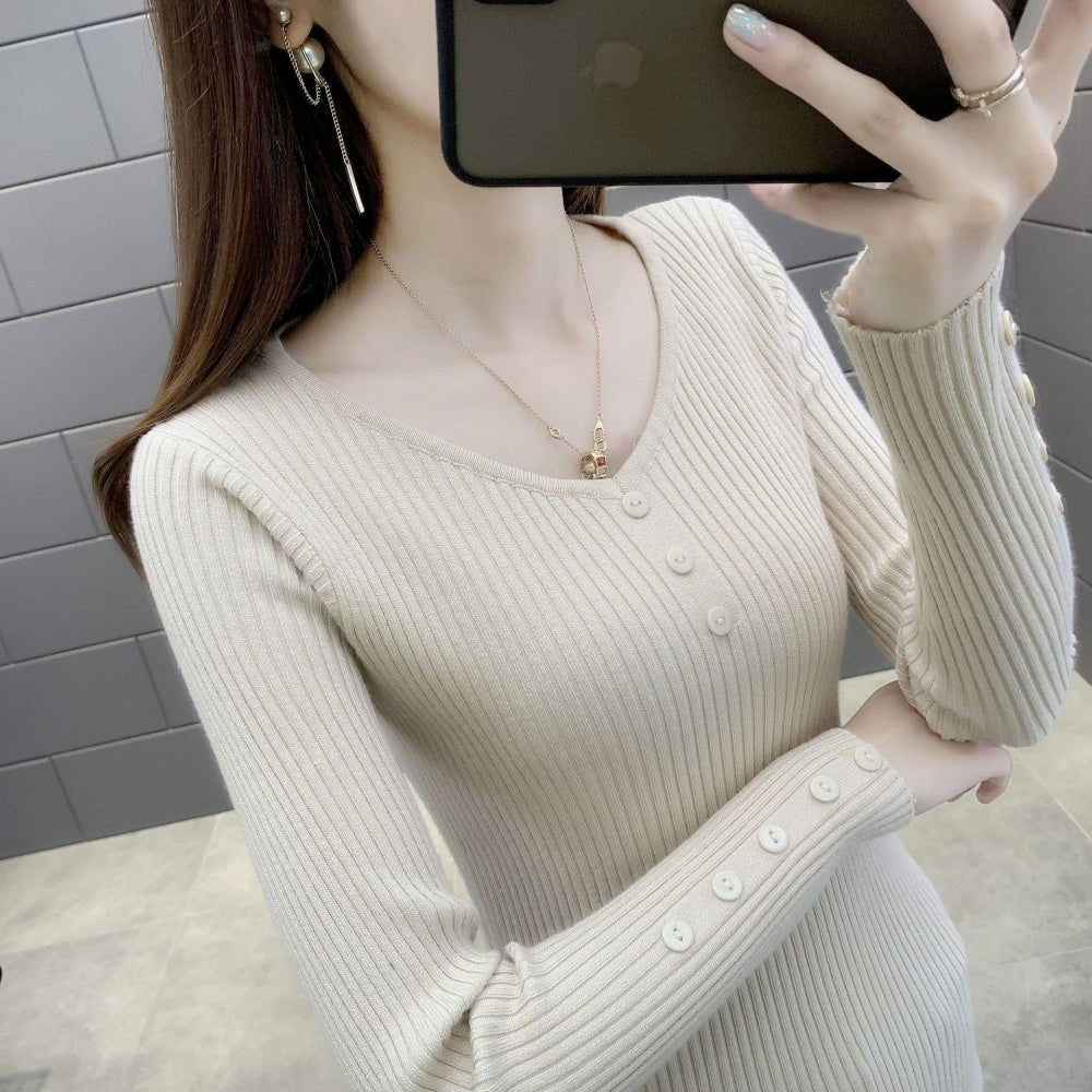 Vネックボタンリブニット｜オフィスカジュアル レディース 通販【ミレジェネ】