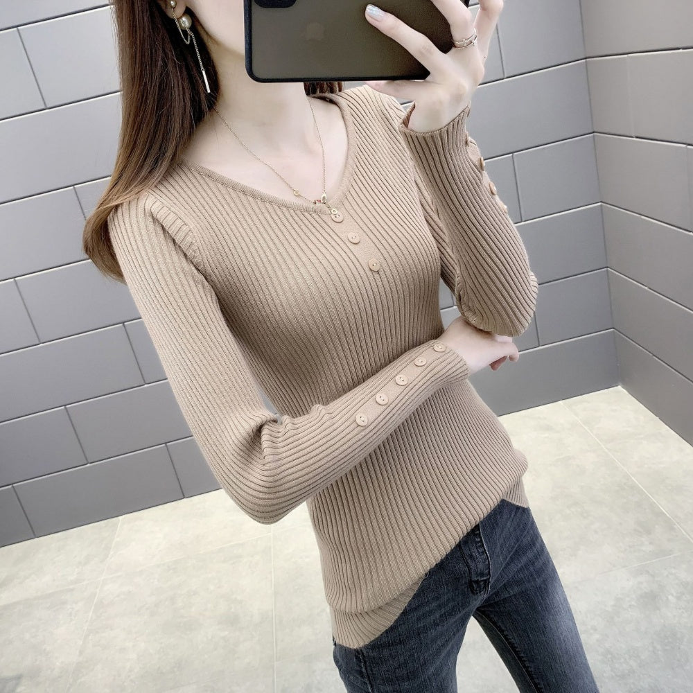 Vネックボタンリブニット｜オフィスカジュアル レディース 通販【ミレジェネ】