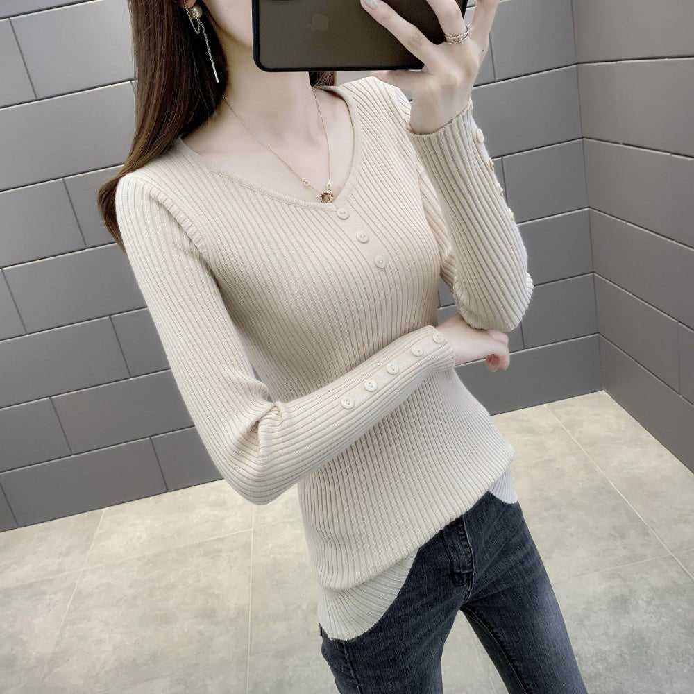 Vネックボタンリブニット｜オフィスカジュアル レディース 通販【ミレジェネ】