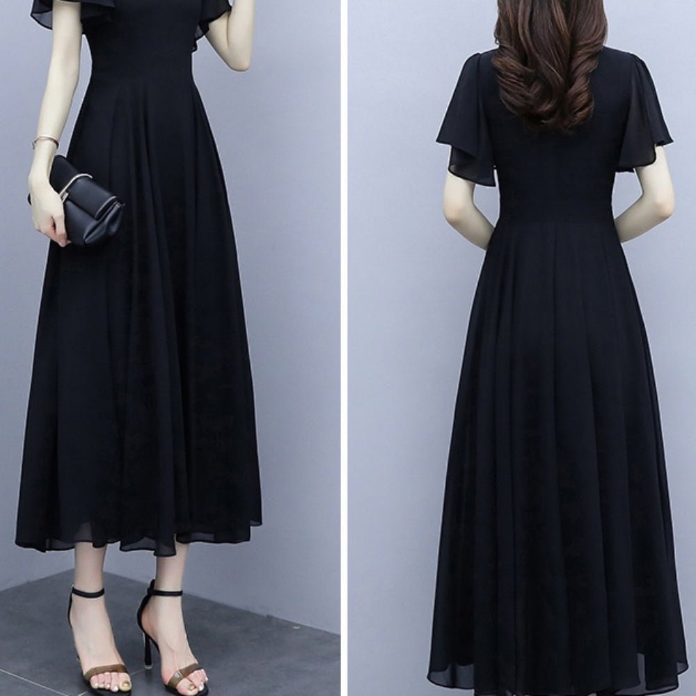 Vネックケープスリーブロングワンピース｜オフィスカジュアル