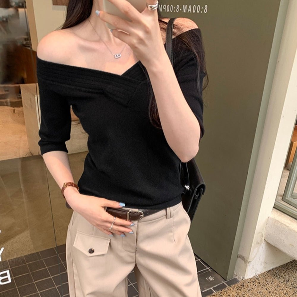 オフショル風Vネックニットソートップス｜オフィスカジュアル レディース 通販【ミレジェネ】