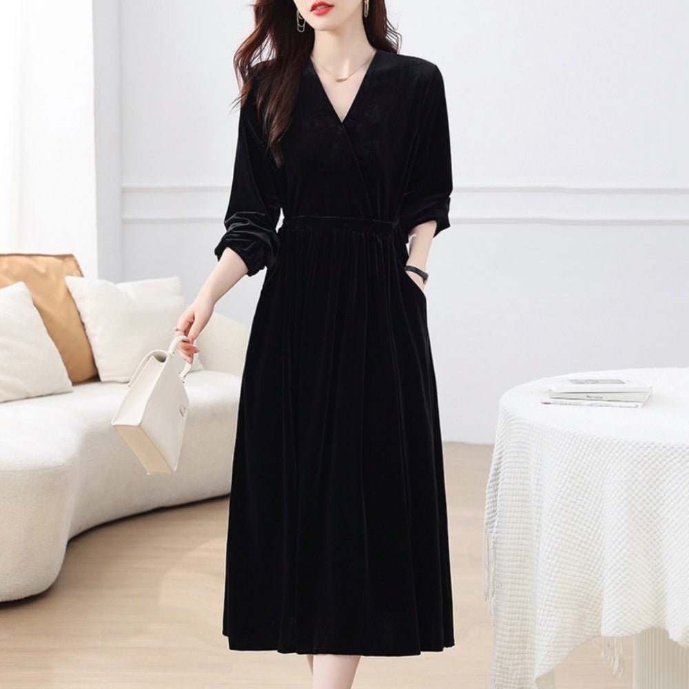 Vネックベロアワンピース｜オフィスカジュアル レディース 通販
