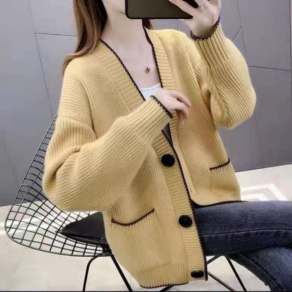 Vネック配色ラインカーディガン｜オフィスカジュアル レディース 通販【ミレジェネ】