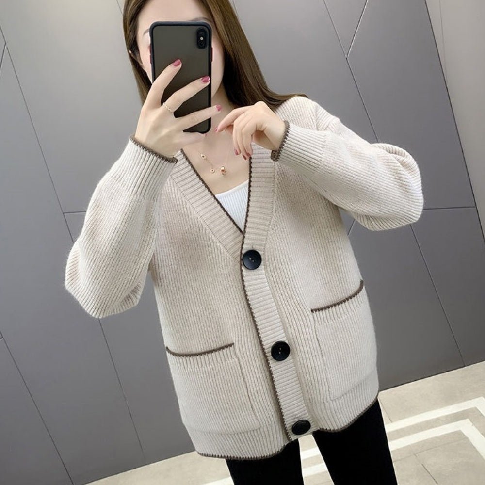 Vネック配色ラインカーディガン｜オフィスカジュアル レディース 通販【ミレジェネ】