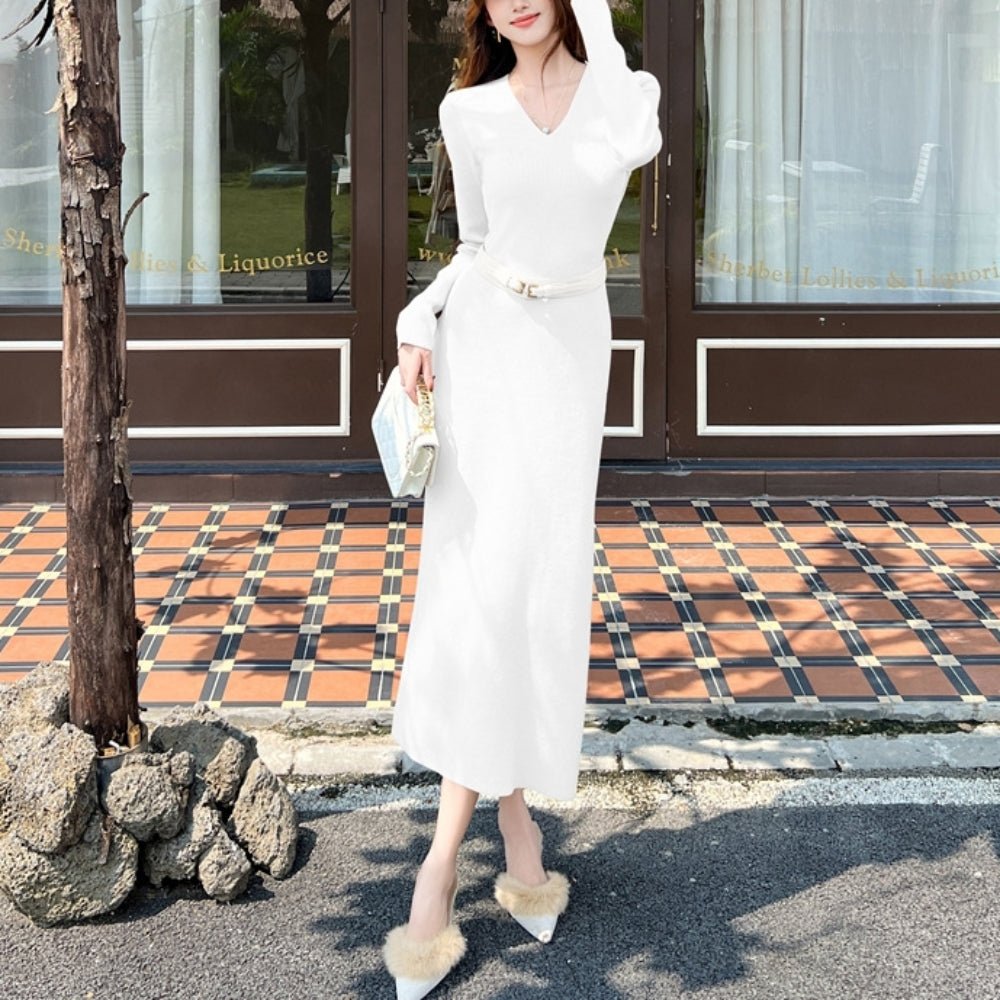 Vネックロングニットワンピース｜オフィスカジュアル レディース 通販