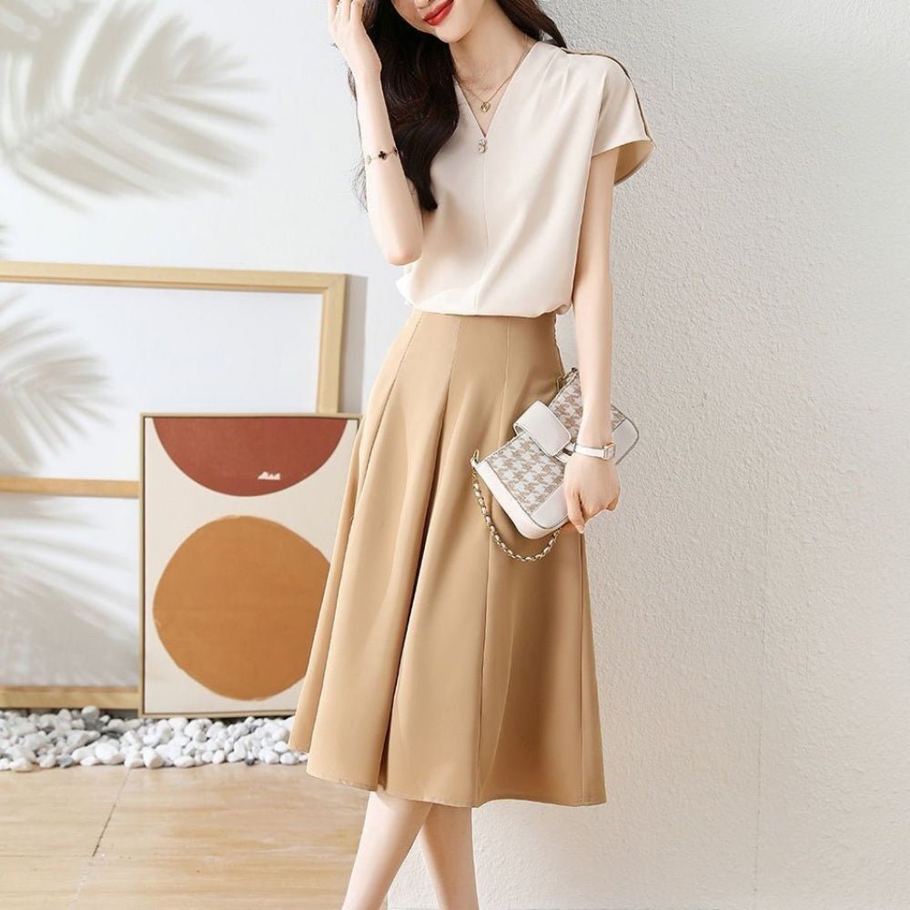Vネックブラウススカートセットアップ｜オフィスカジュアル レディース