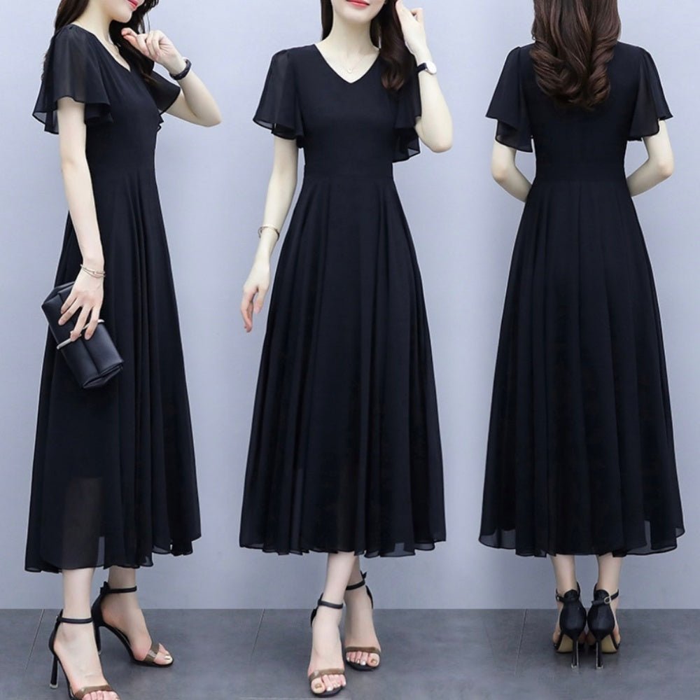 Vネックケープスリーブロングワンピース｜オフィスカジュアル