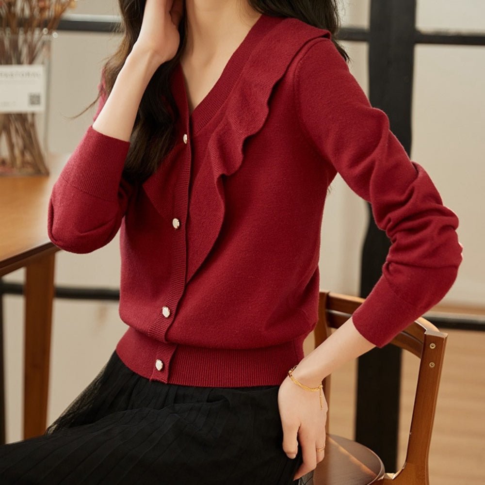 Vネックフリルニットカーディガン｜オフィスカジュアル レディース 通販【ミレジェネ】