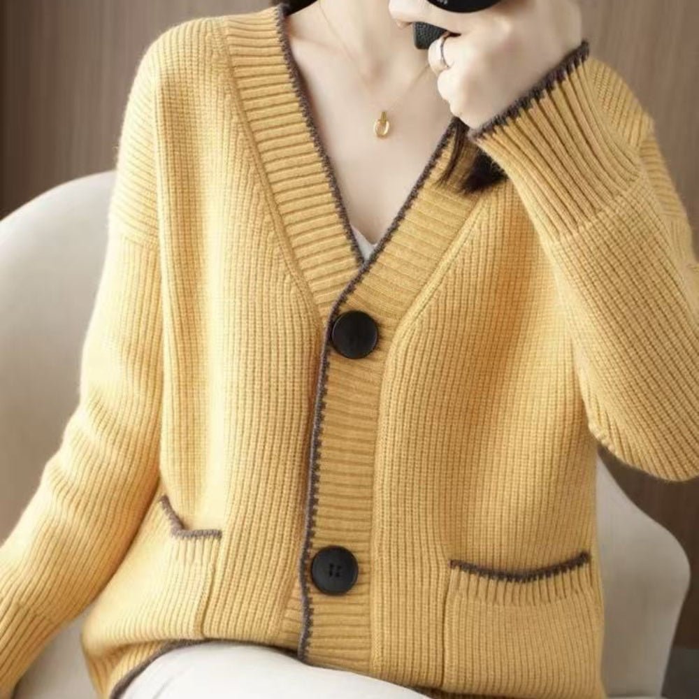 Vネック配色ラインカーディガン｜オフィスカジュアル レディース 通販【ミレジェネ】