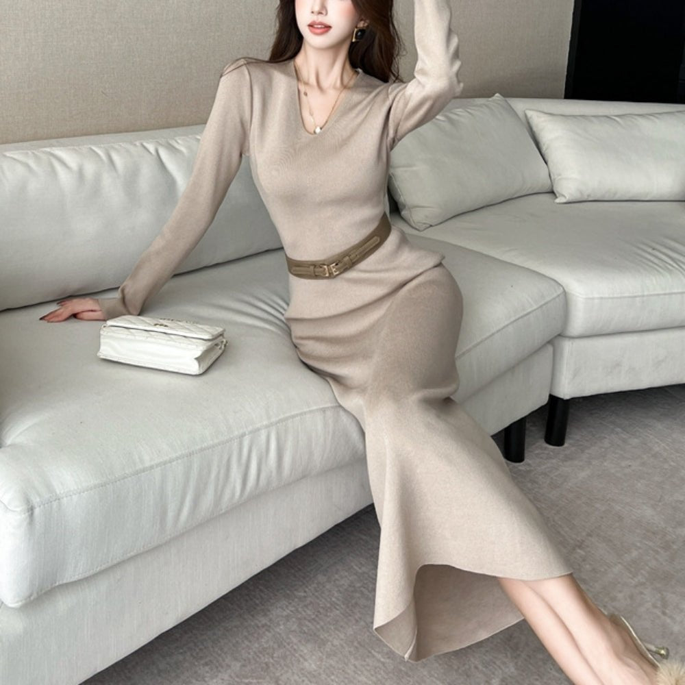 Vネックロングニットワンピース｜オフィスカジュアル レディース 通販【ミレジェネ】