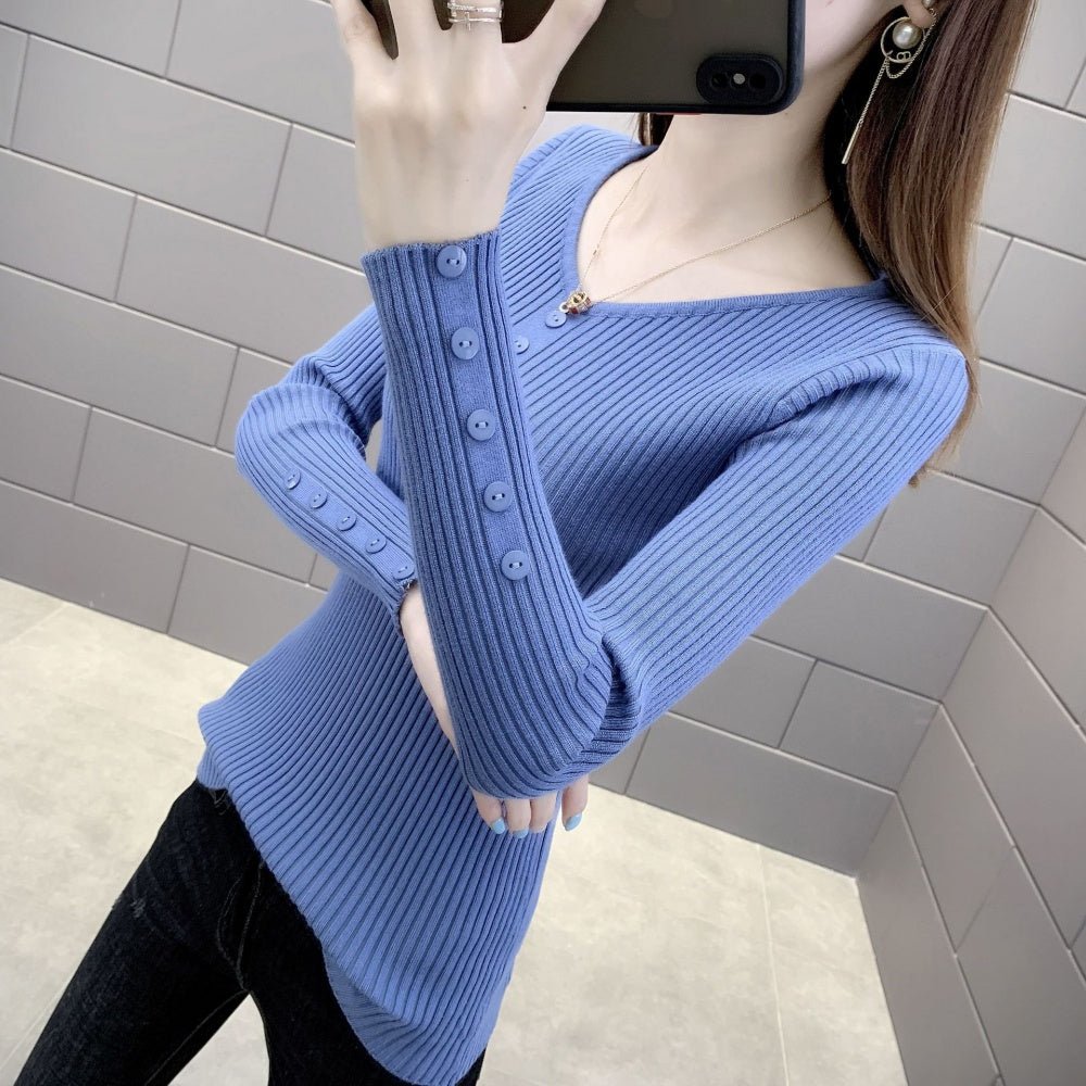 Vネックボタンリブニット｜オフィスカジュアル レディース 通販【ミレジェネ】