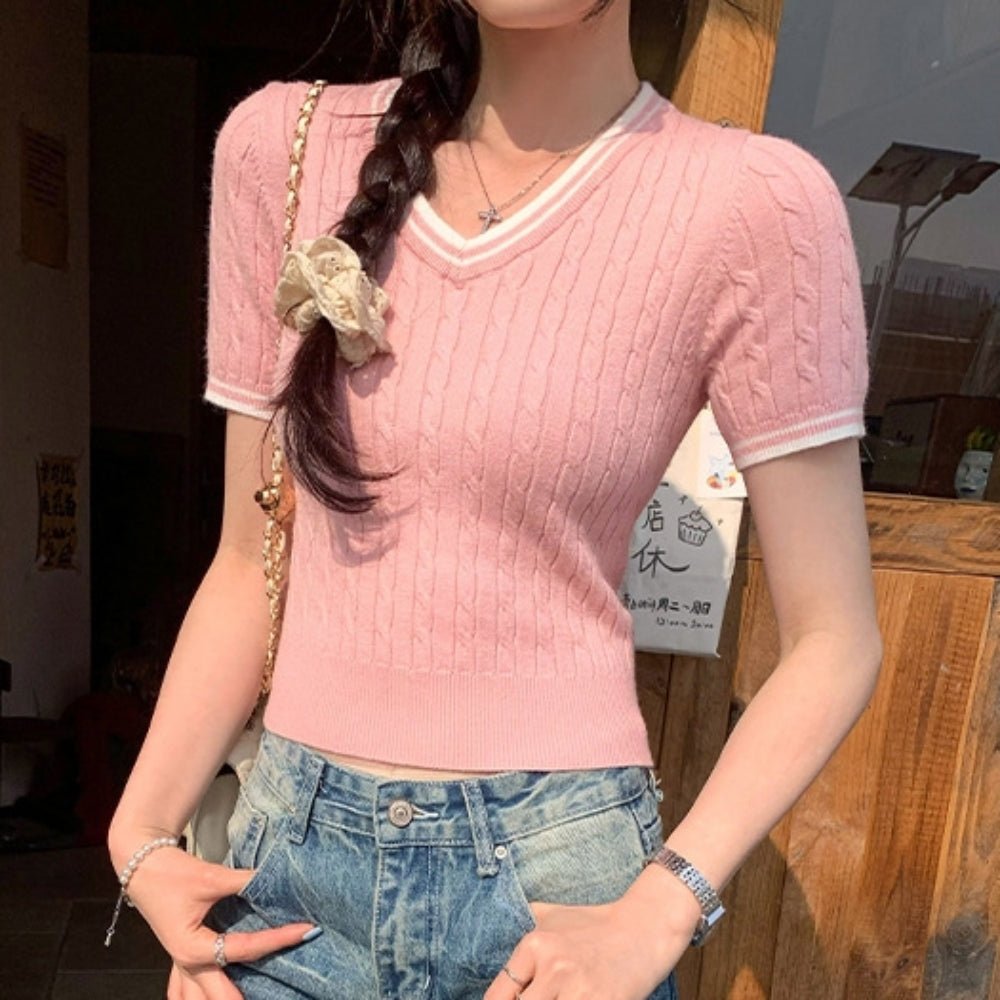 Vネックケーブル半袖ニットトップス｜オフィスカジュアル レディース 通販【ミレジェネ】