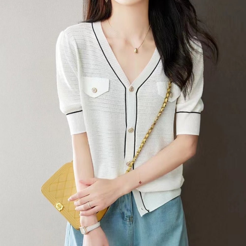 フラップアクセント半袖Vネックカーディガン｜オフィスカジュアル レディース 通販【ミレジェネ】