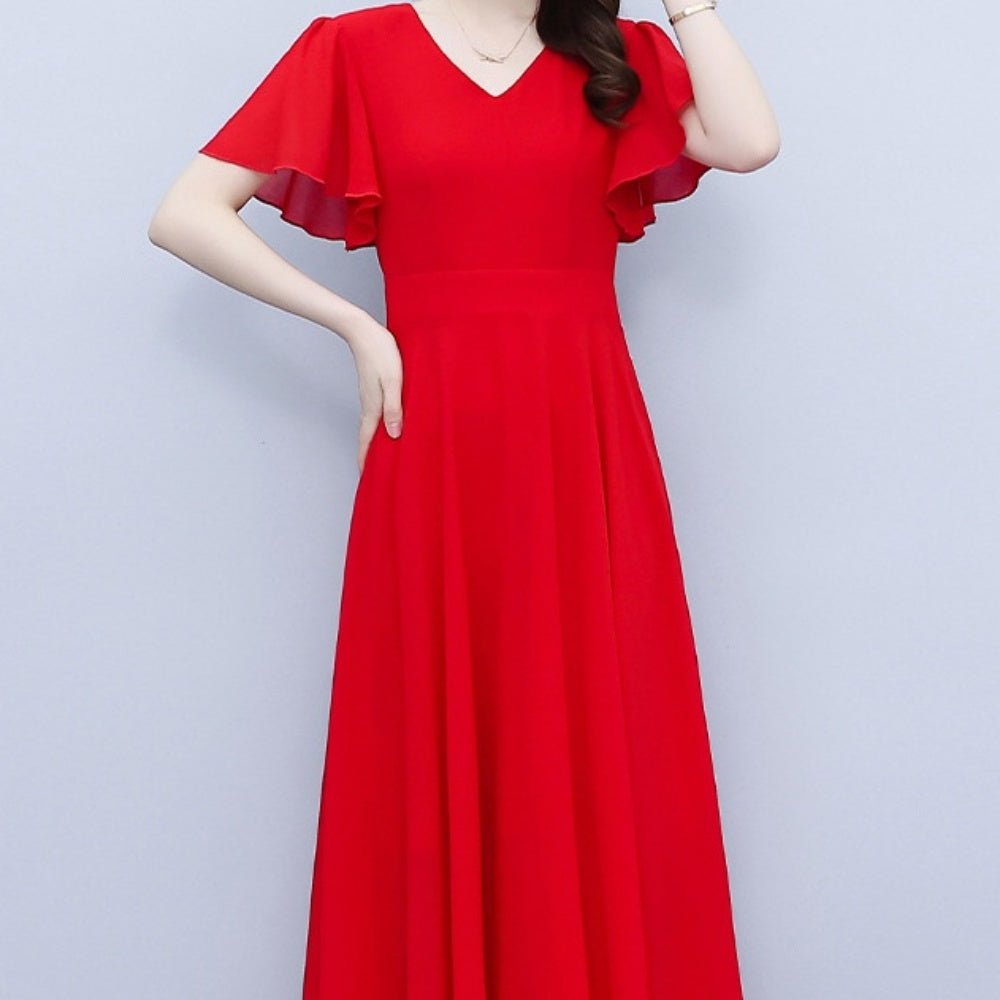 Vネックケープスリーブロングワンピース｜オフィスカジュアル