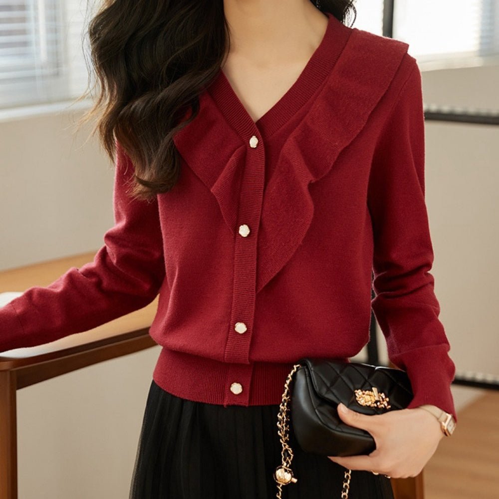 Vネックフリルニットカーディガン｜オフィスカジュアル レディース 通販【ミレジェネ】