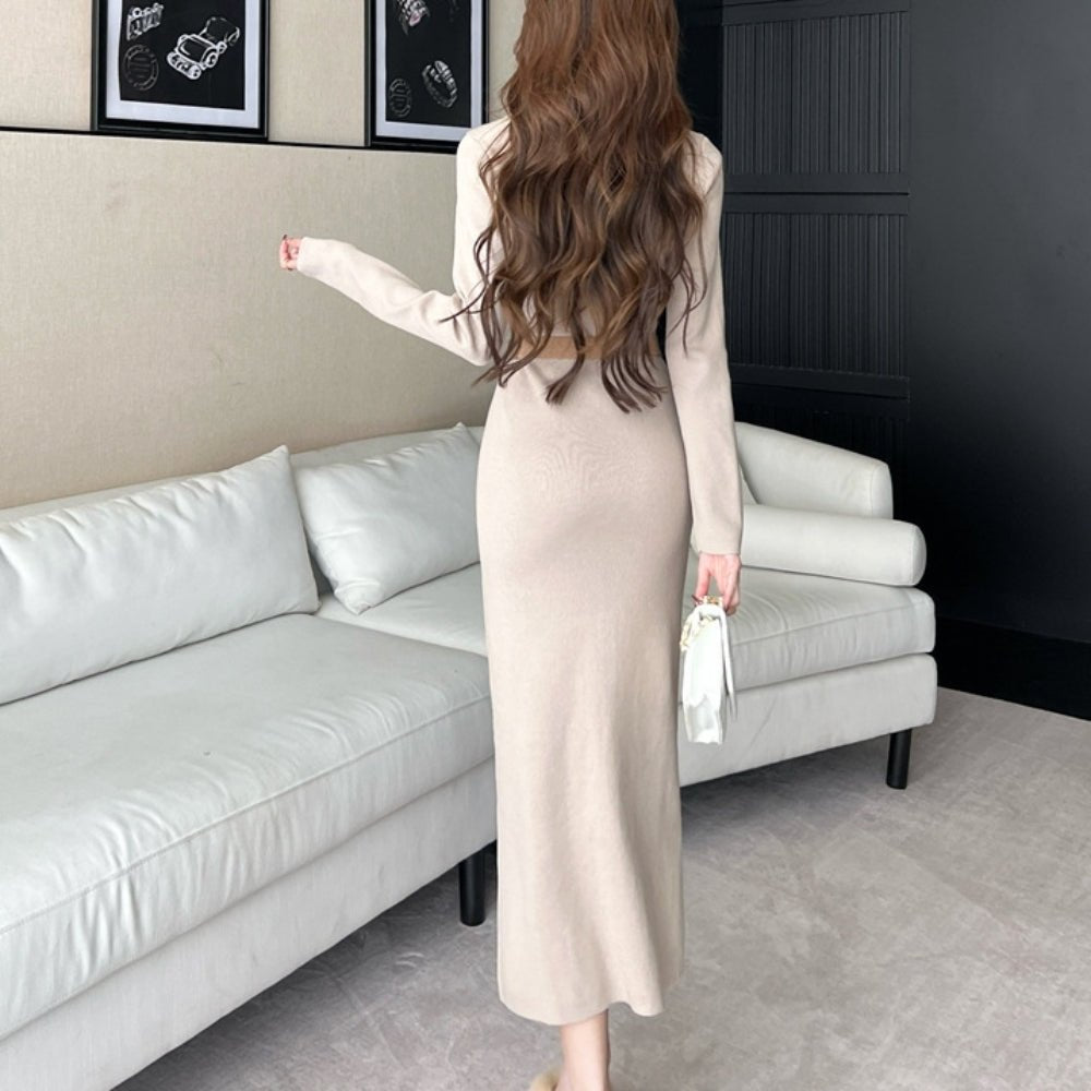 Vネックロングニットワンピース｜オフィスカジュアル レディース 通販【ミレジェネ】