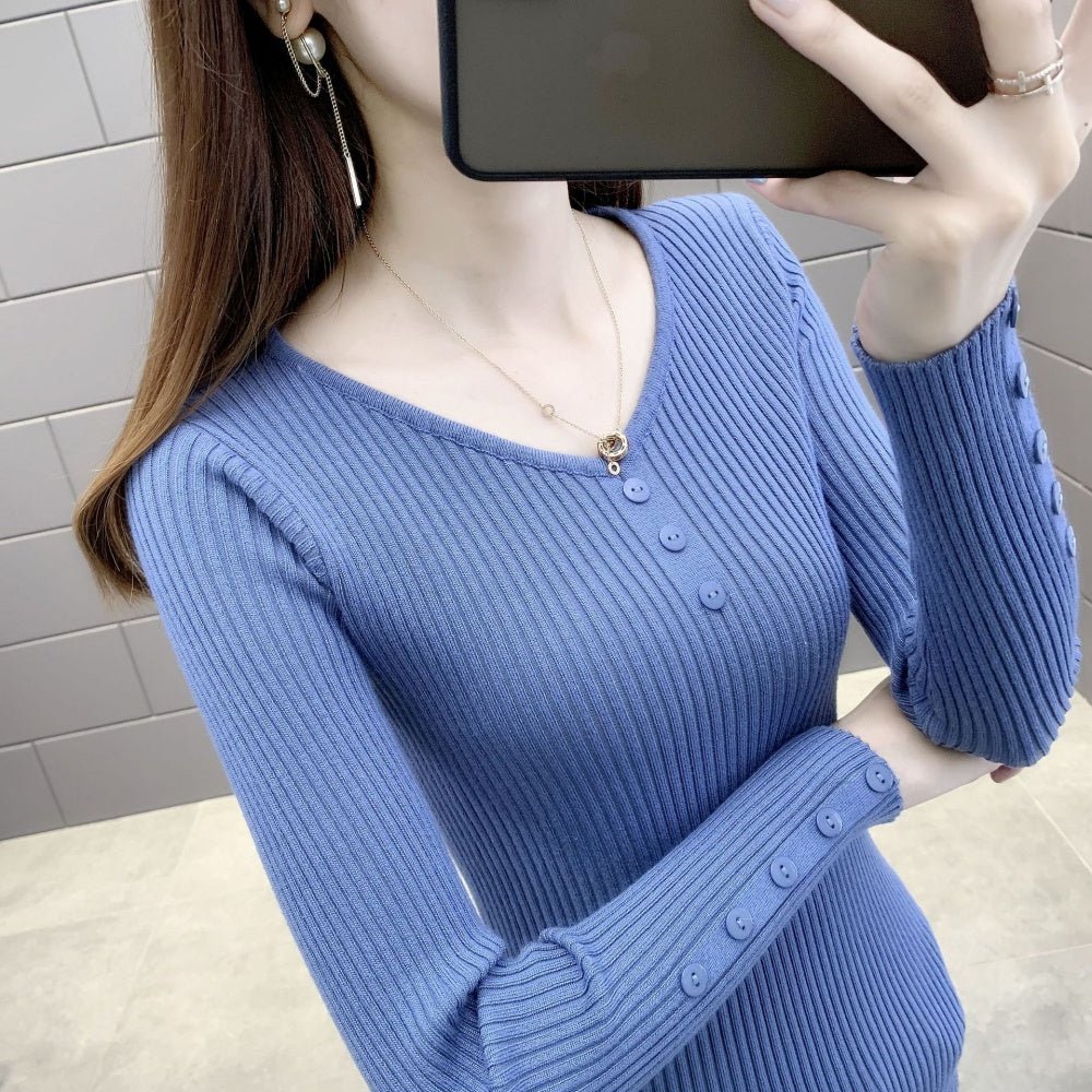 Vネックボタンリブニット｜オフィスカジュアル レディース 通販【ミレジェネ】