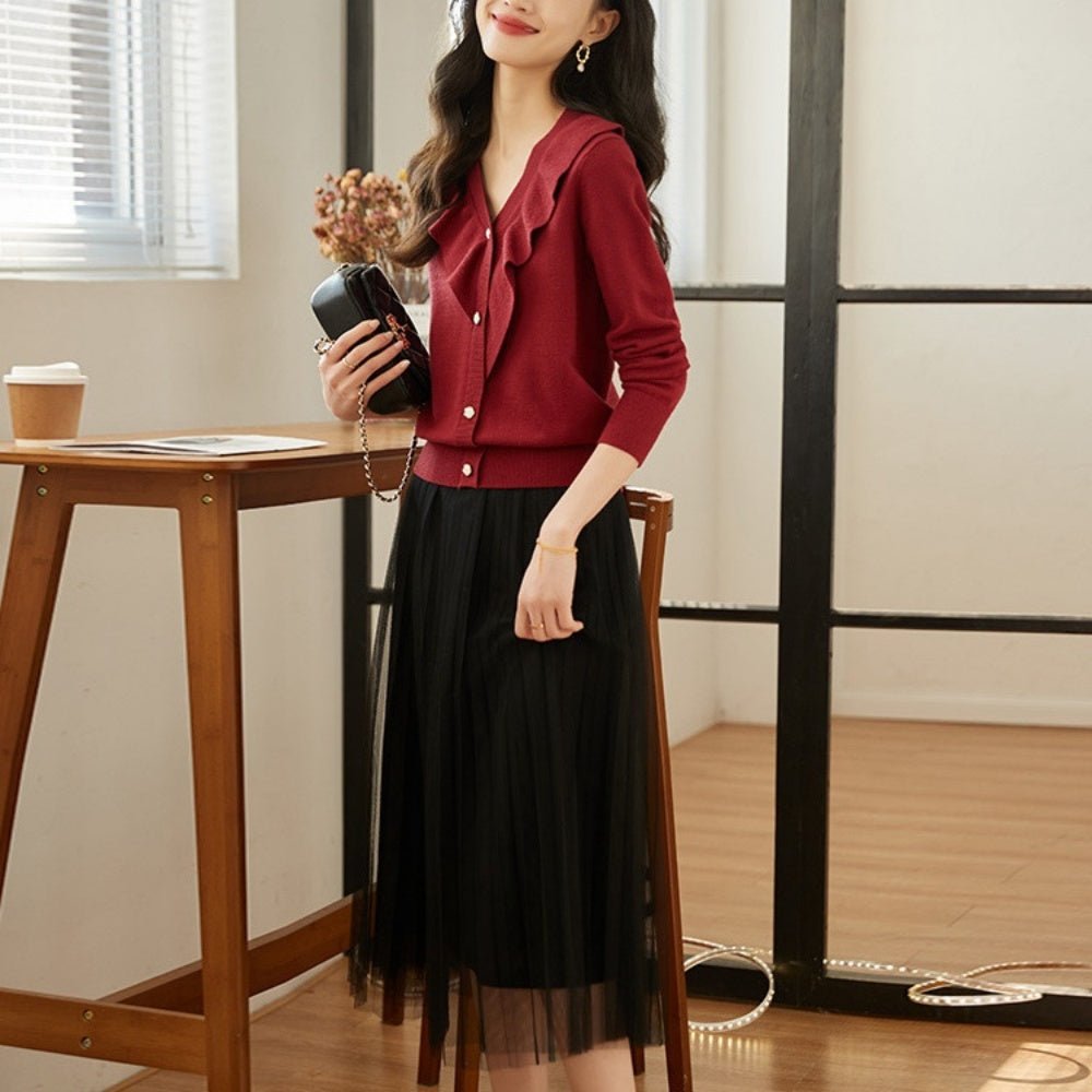 Vネックフリルニットカーディガン｜オフィスカジュアル レディース 通販【ミレジェネ】