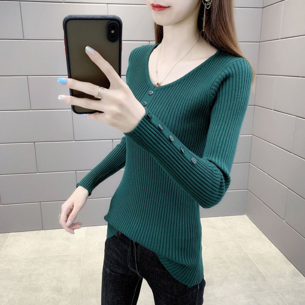 Vネックボタンリブニット｜オフィスカジュアル レディース 通販【ミレジェネ】