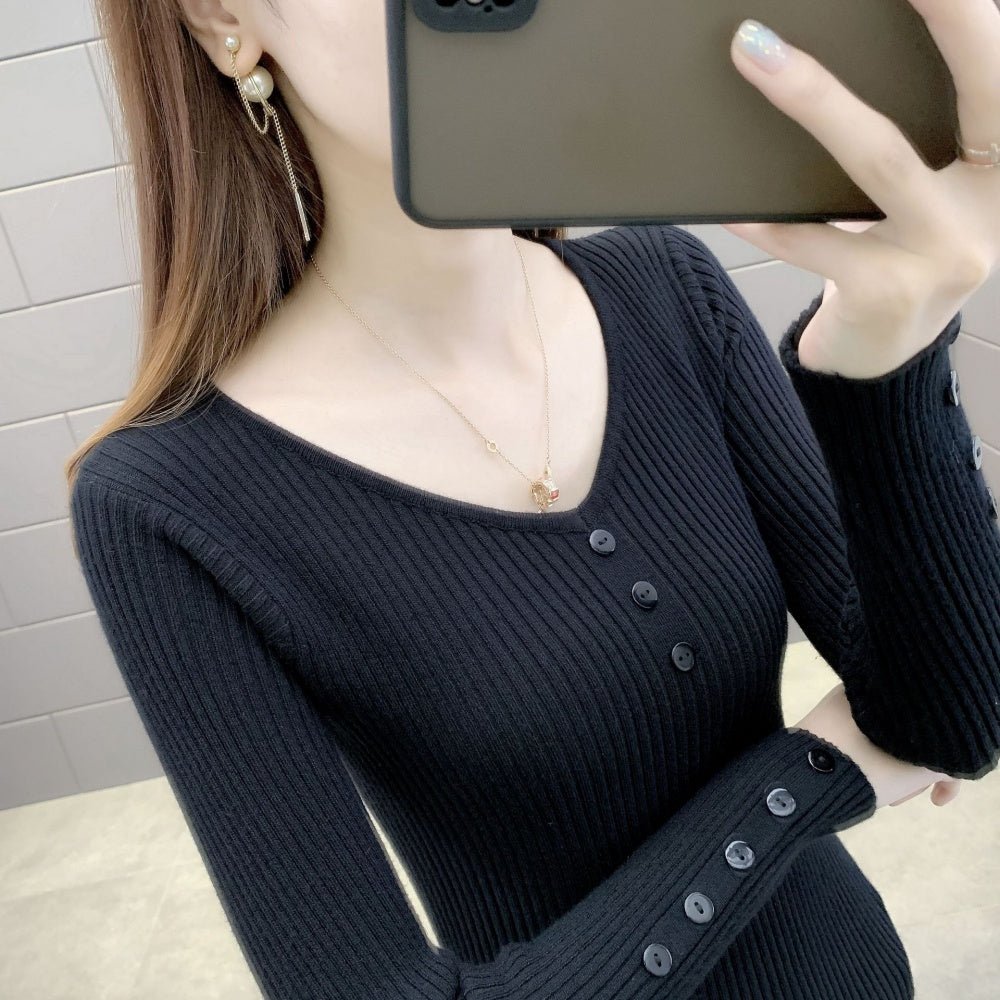 Vネックボタンリブニット｜オフィスカジュアル レディース 通販【ミレジェネ】