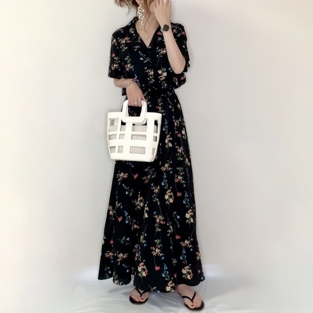 Vネック花柄シャツワンピース｜オフィスカジュアル レディース 通販【ミレジェネ】