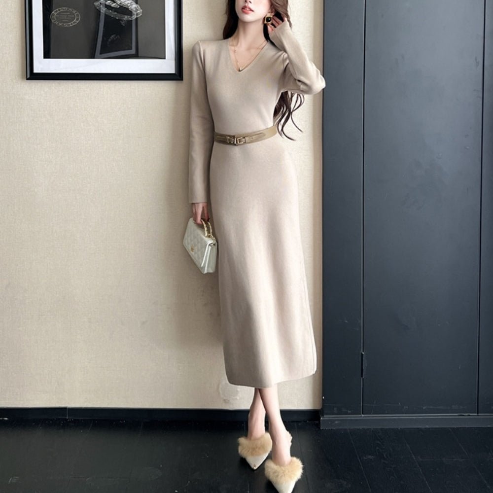 Vネックロングニットワンピース｜オフィスカジュアル レディース 通販【ミレジェネ】