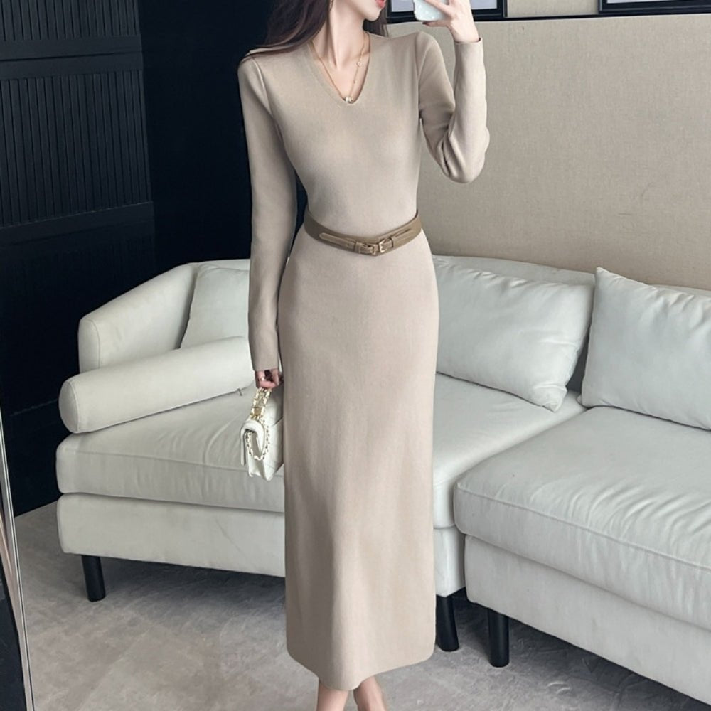 Vネックロングニットワンピース｜オフィスカジュアル レディース 通販【ミレジェネ】