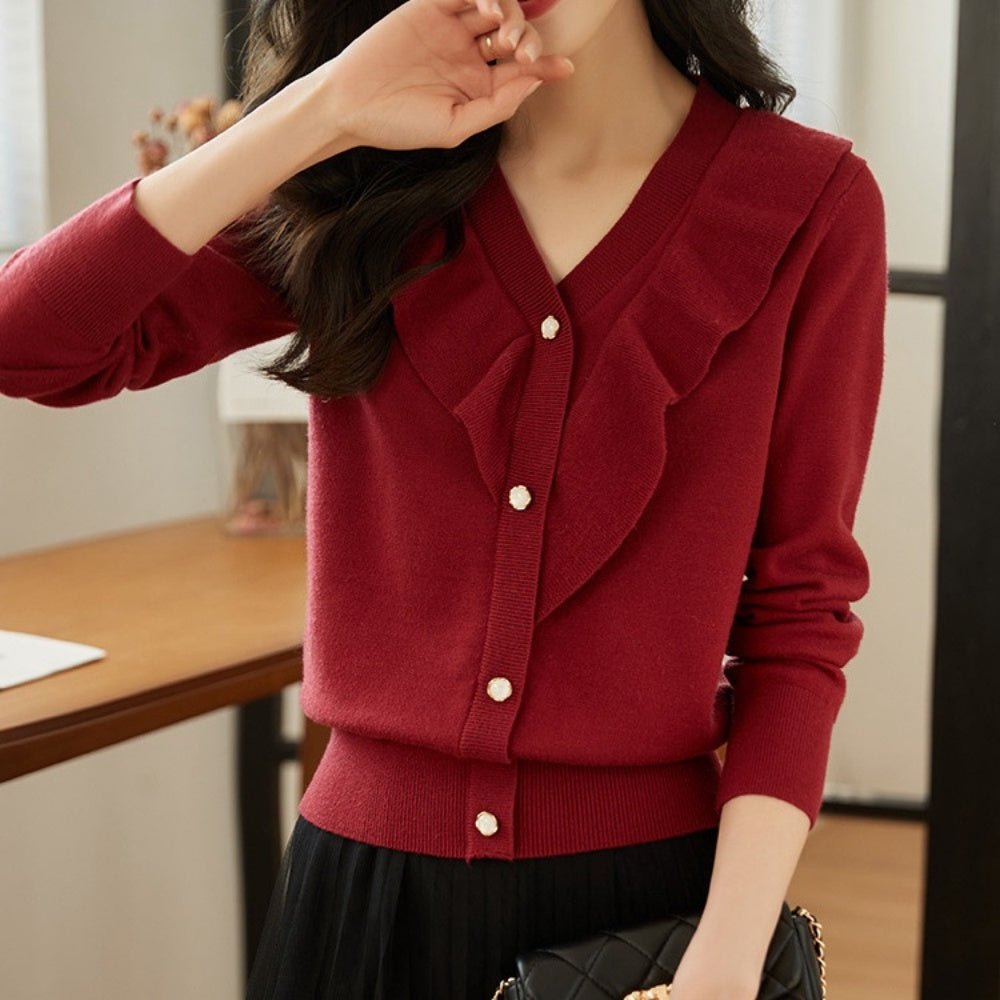 Vネックフリルニットカーディガン｜オフィスカジュアル レディース 通販【ミレジェネ】