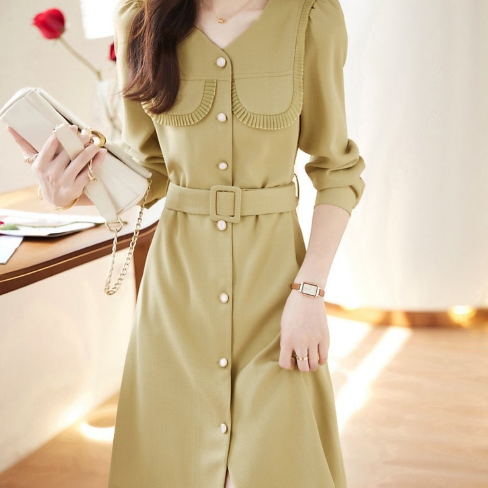 Vネックベルト付き七分袖ワンピース｜オフィスカジュアル レディース