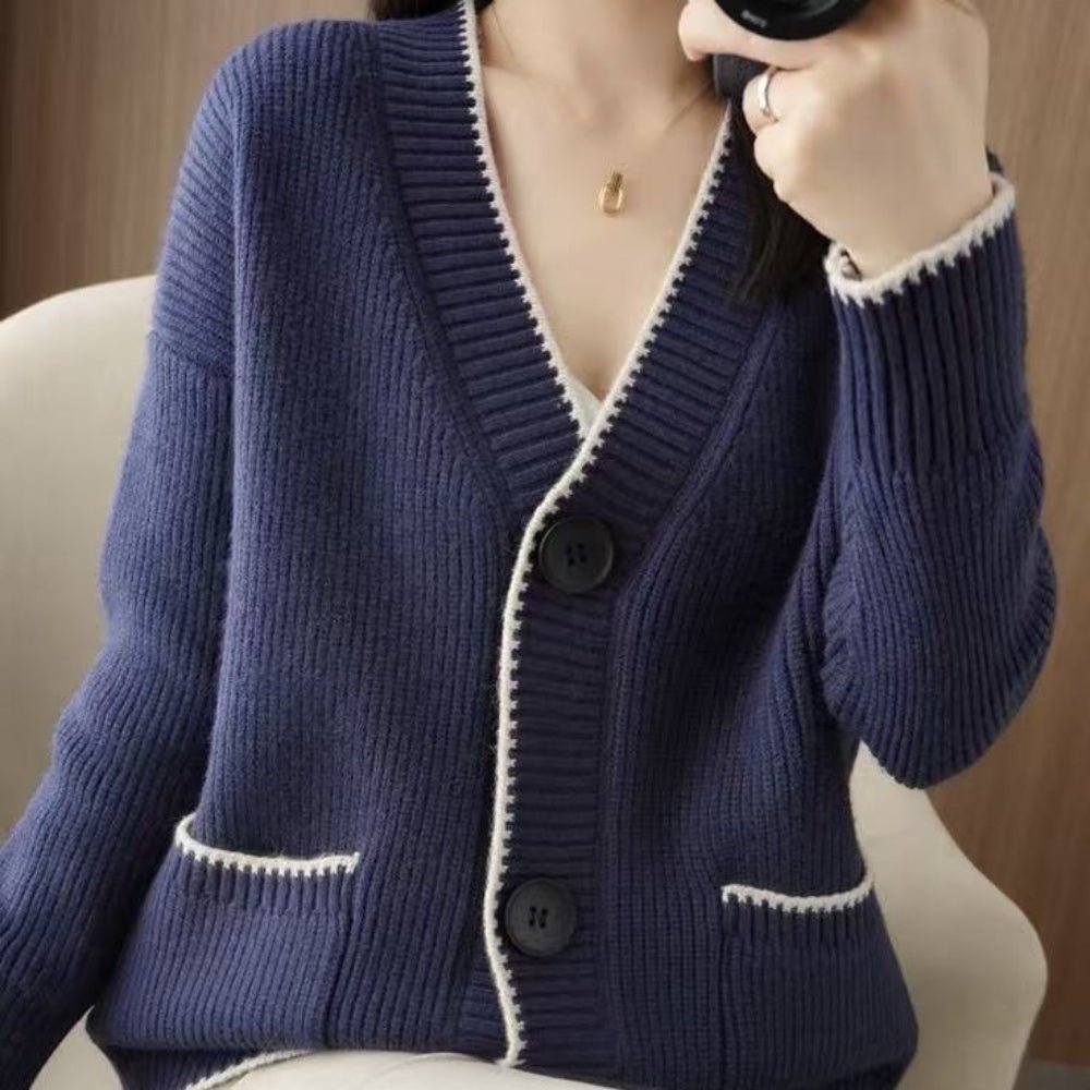 Vネック配色ラインカーディガン｜オフィスカジュアル レディース 通販【ミレジェネ】