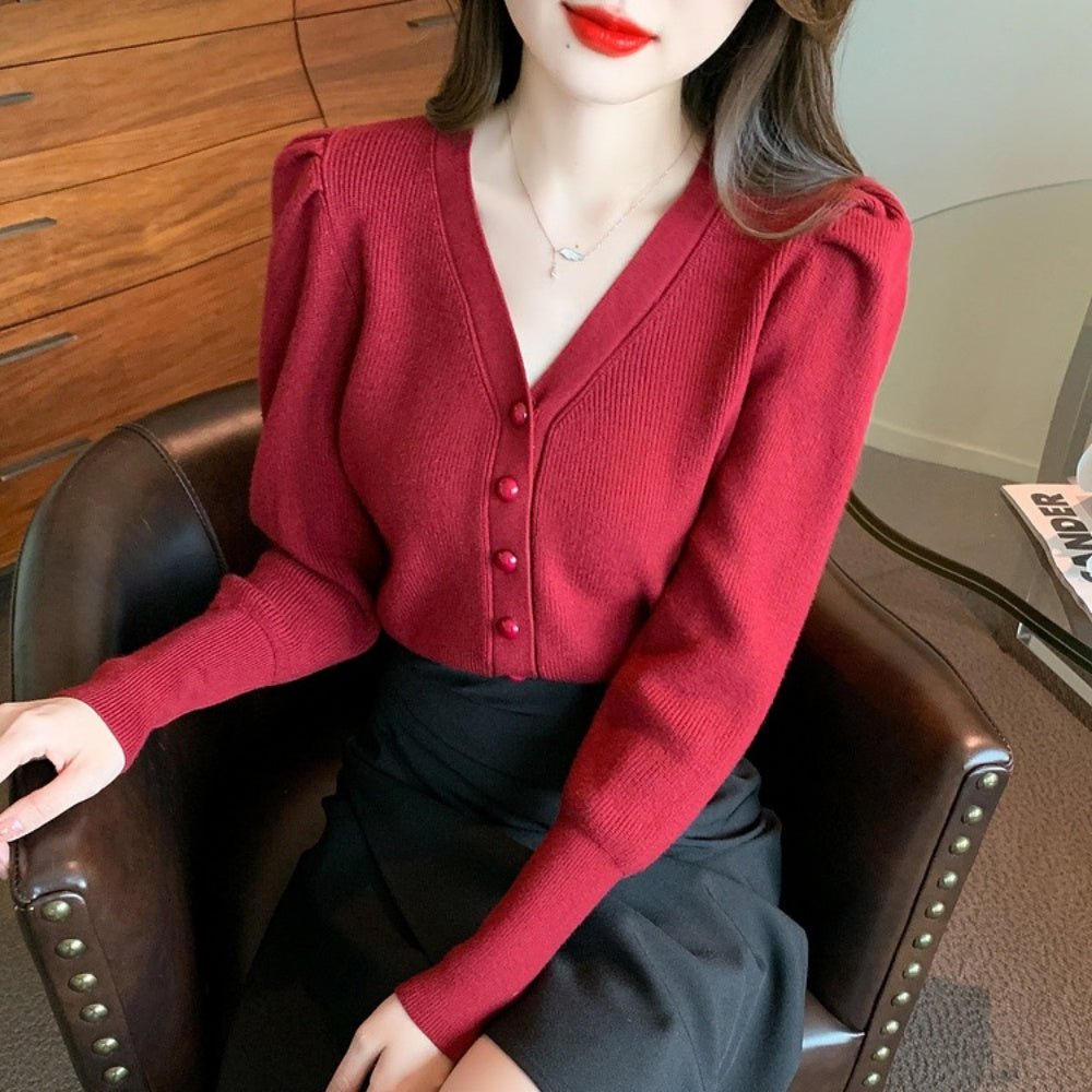 Vネック フレンチ風 ニットドレス レトロ 上品 フロントボタン フランス風 ボレロ ふわふわ袖 Vネック くるみボタン 美しい花