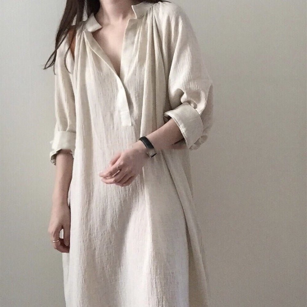 リネンVネックシャツワンピース｜オフィスカジュアル レディース 通販【ミレジェネ】
