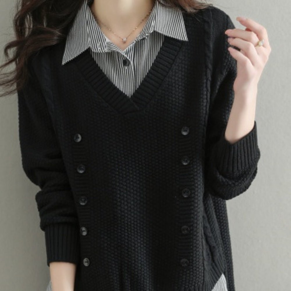 Vネックセーター＋ストライプシャツ｜オフィスカジュアル レディース 通販【ミレジェネ】