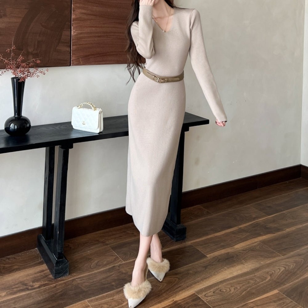 Vネックロングニットワンピース｜オフィスカジュアル レディース 通販【ミレジェネ】